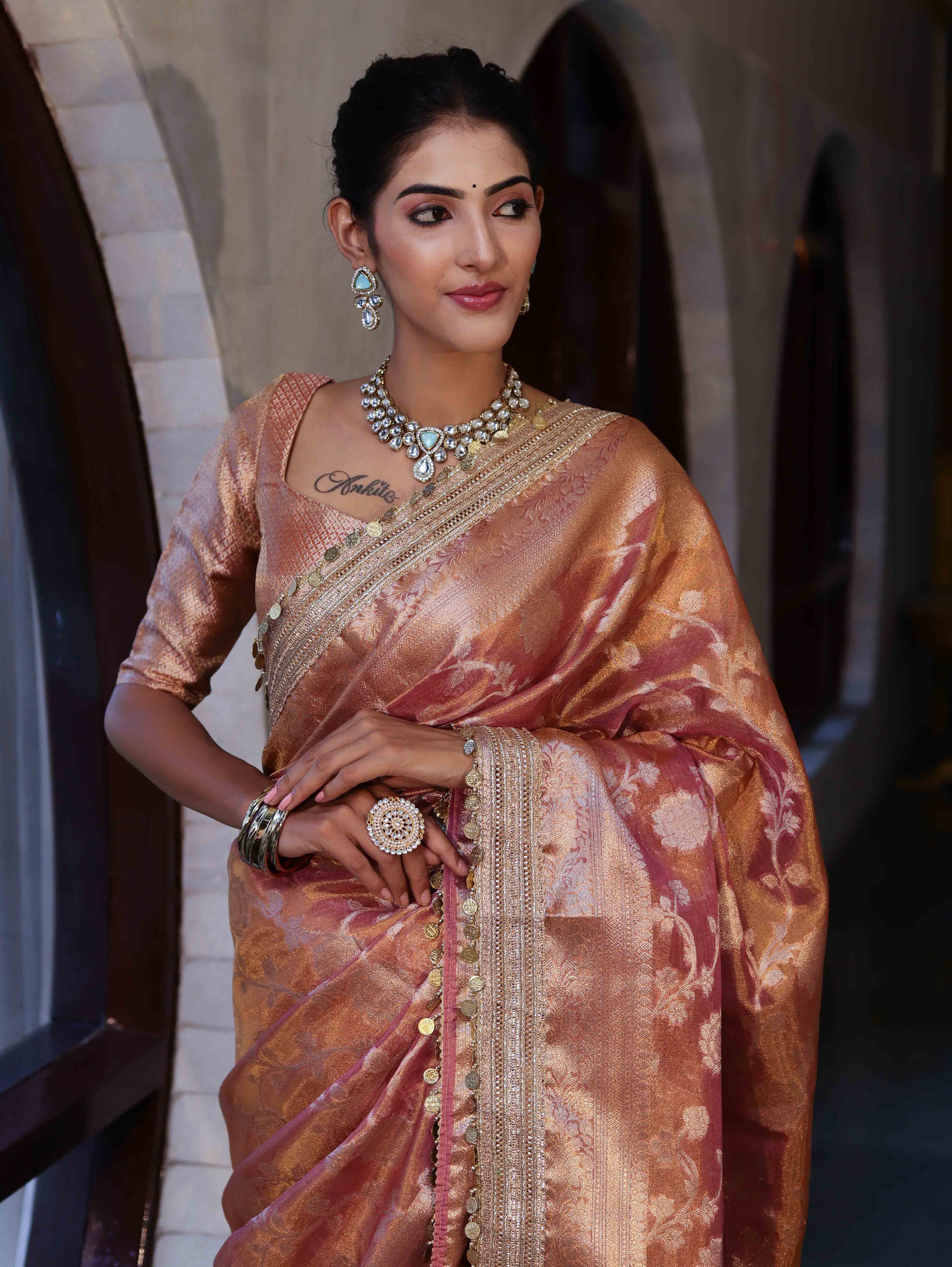Banarasee Handwoven Tissue Saree With Zari Jaal Design Border & Lace-Rust(Dual Shade)