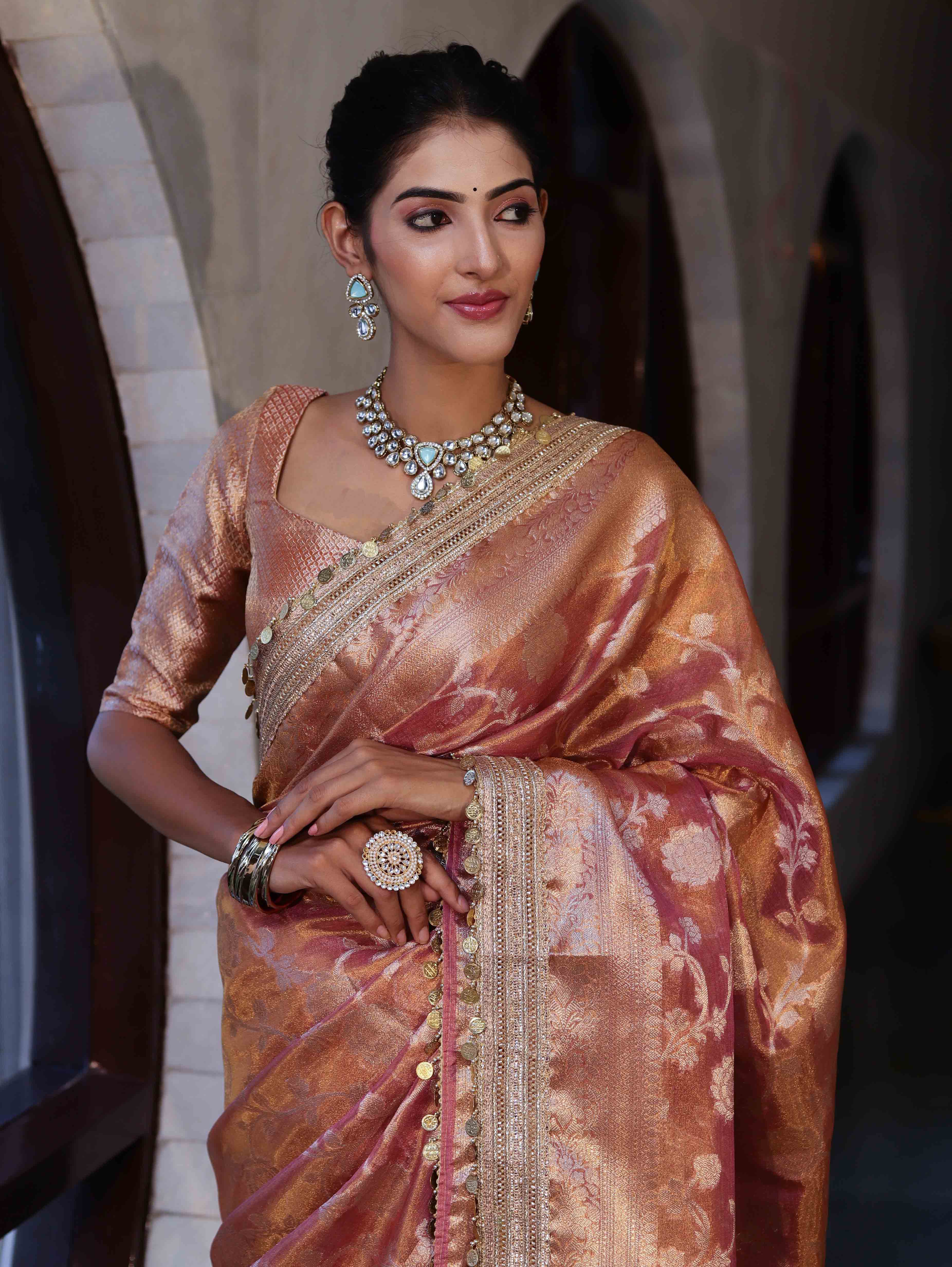 Banarasee Handwoven Tissue Saree With Zari Jaal Design Border & Lace-Rust(Dual Shade)