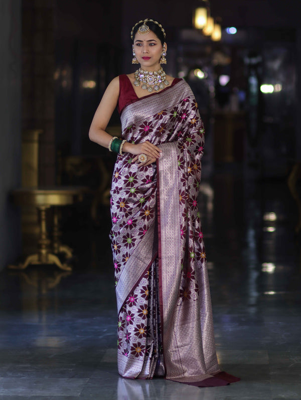 Banarasee Handloom Mashru Silk Saree With Floral Zari Jaal Work & Border-Burgundy