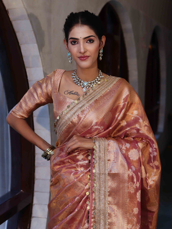 Banarasee Handwoven Tissue Saree With Zari Jaal Design Border & Lace-Rust(Dual Shade)
