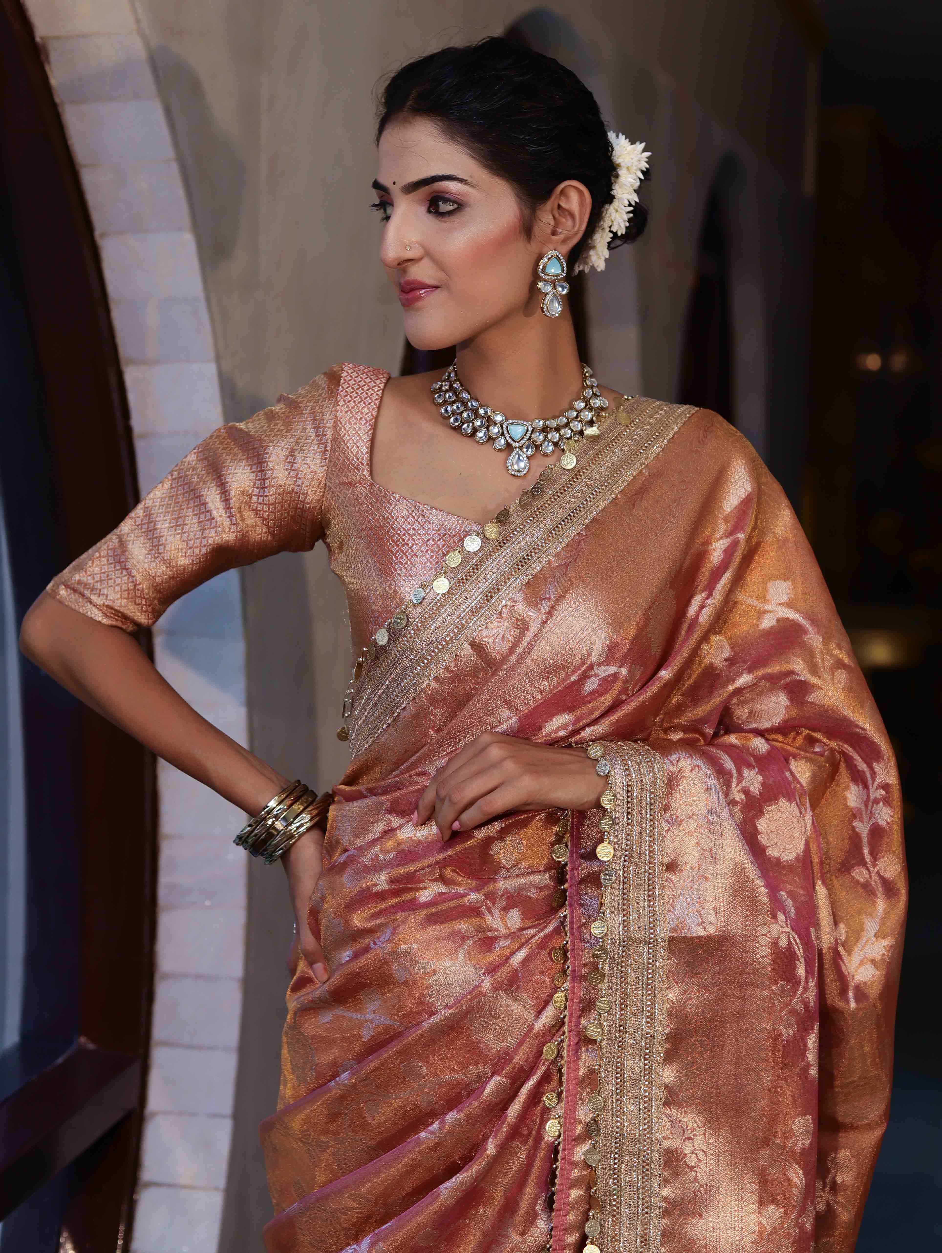 Banarasee Handwoven Tissue Saree With Zari Jaal Design Border & Lace-Rust(Dual Shade)