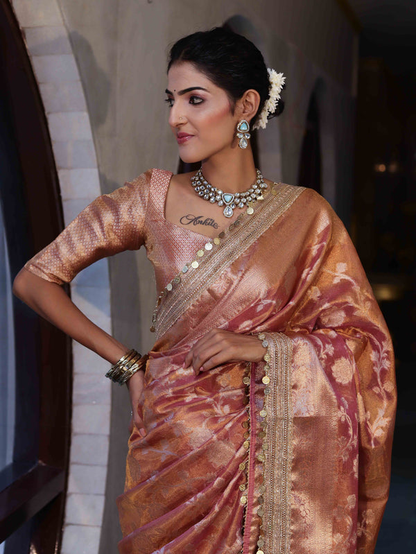 Banarasee Handwoven Tissue Saree With Zari Jaal Design Border & Lace-Rust(Dual Shade)