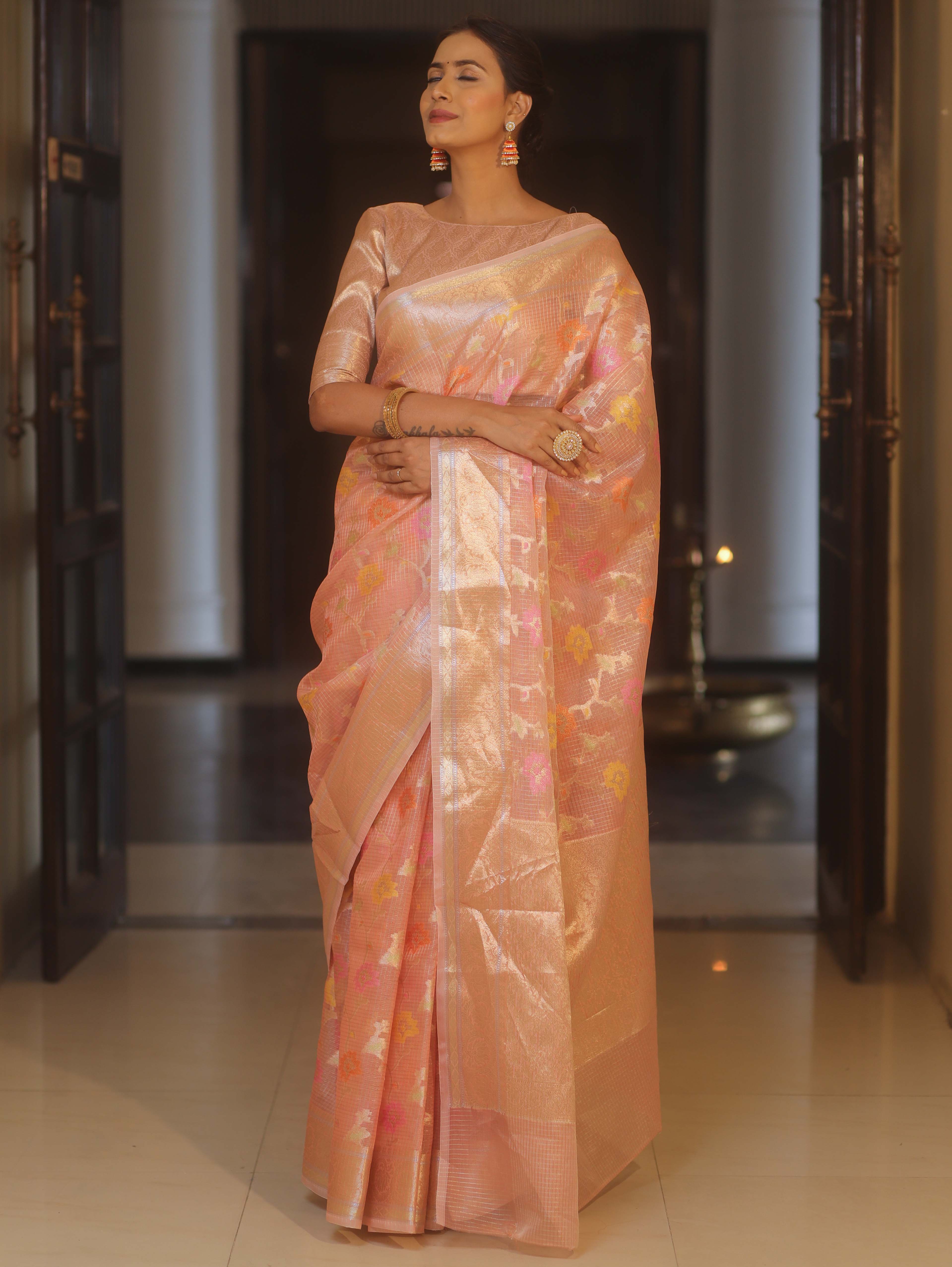 Banarasee Handwoven Kota Check Tissue Saree With Meena Design & Zari Broder-Peach