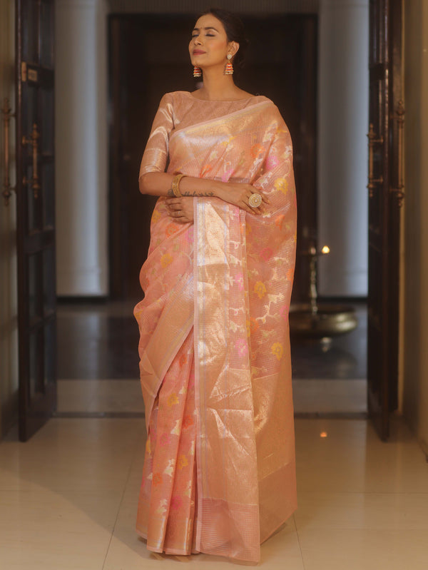 Banarasee Handwoven Kota Check Tissue Saree With Meena Design & Zari Broder-Peach