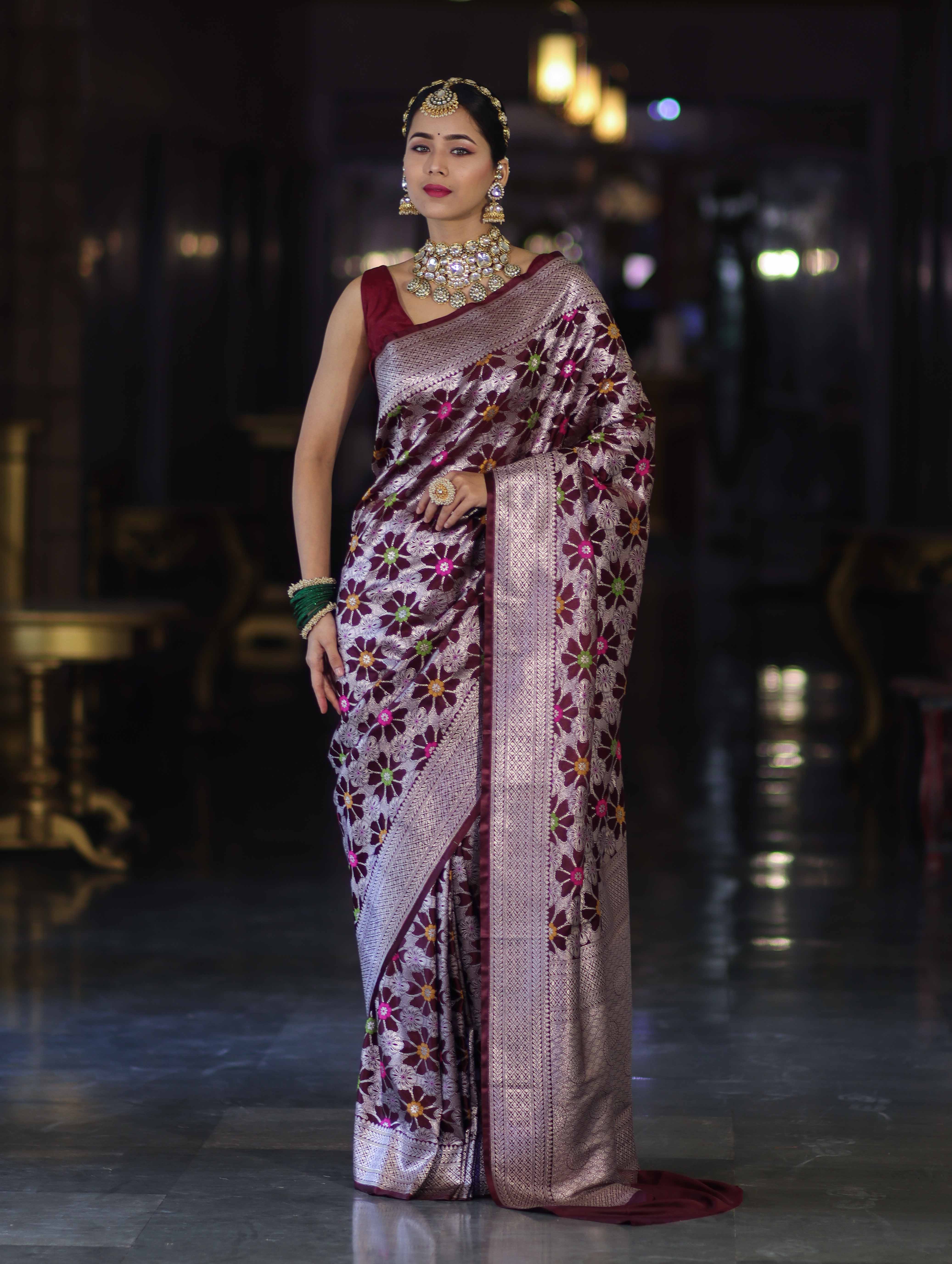 Banarasee Handloom Mashru Silk Saree With Floral Zari Jaal Work & Border-Burgundy
