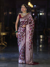 Banarasee Handloom Mashru Silk Saree With Floral Zari Jaal Work & Border-Burgundy