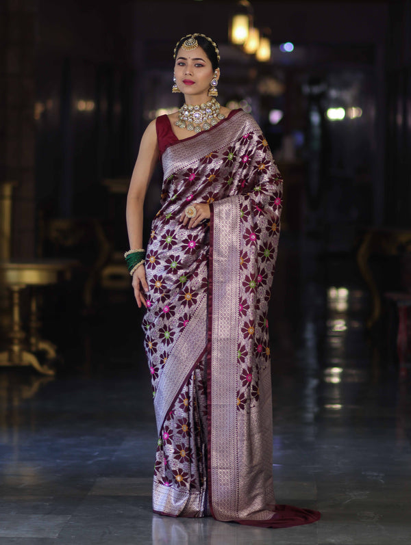 Banarasee Handloom Mashru Silk Saree With Floral Zari Jaal Work & Border-Burgundy