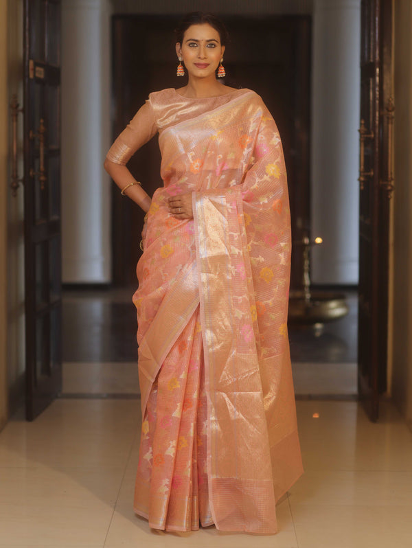 Banarasee Handwoven Kota Check Tissue Saree With Meena Design & Zari Broder-Peach