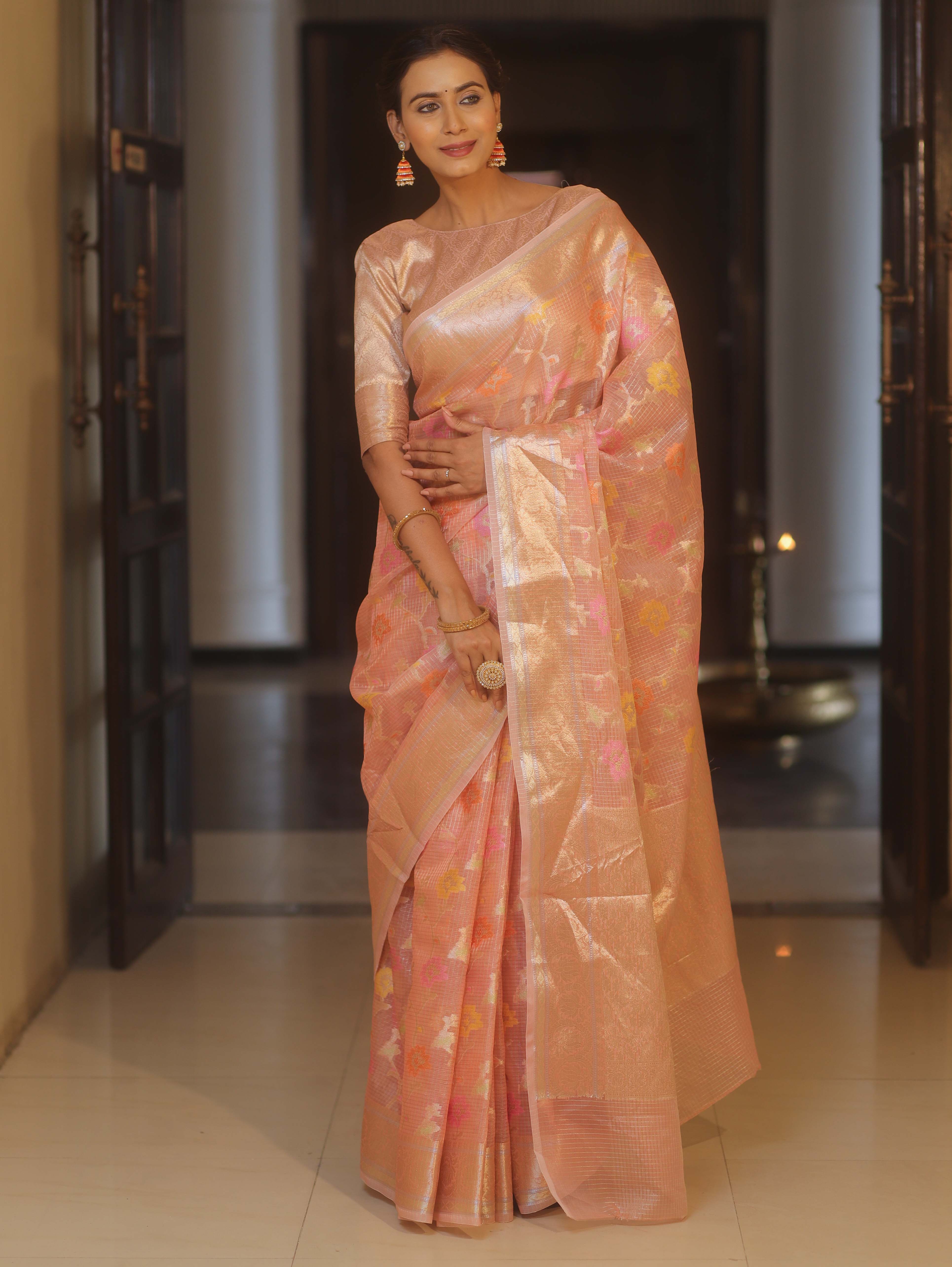 Banarasee Handwoven Kota Check Tissue Saree With Meena Design & Zari Broder-Peach