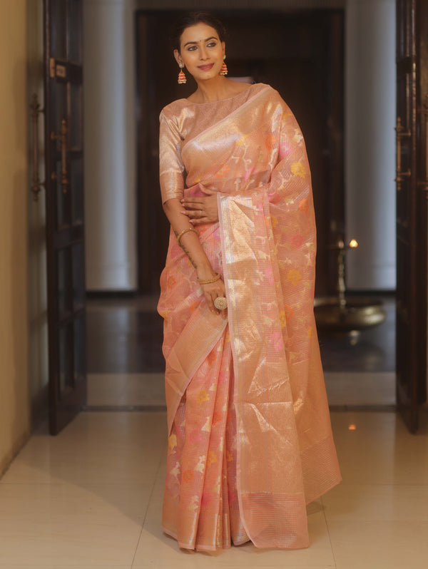 Banarasee Handwoven Kota Check Tissue Saree With Meena Design & Zari Broder-Peach