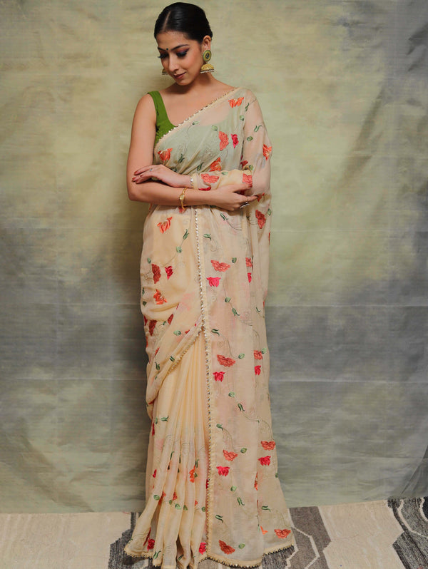Banarasee Pure Chiffon Saree With Embroidery Work-Cream
