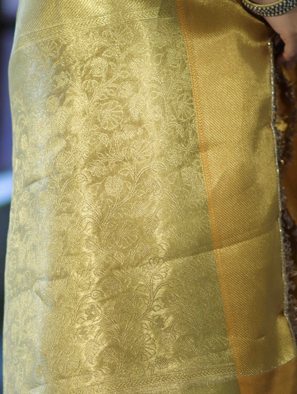 Banarasee Handloom Tissue Saree With Zari Woven Design & Lace-Gold