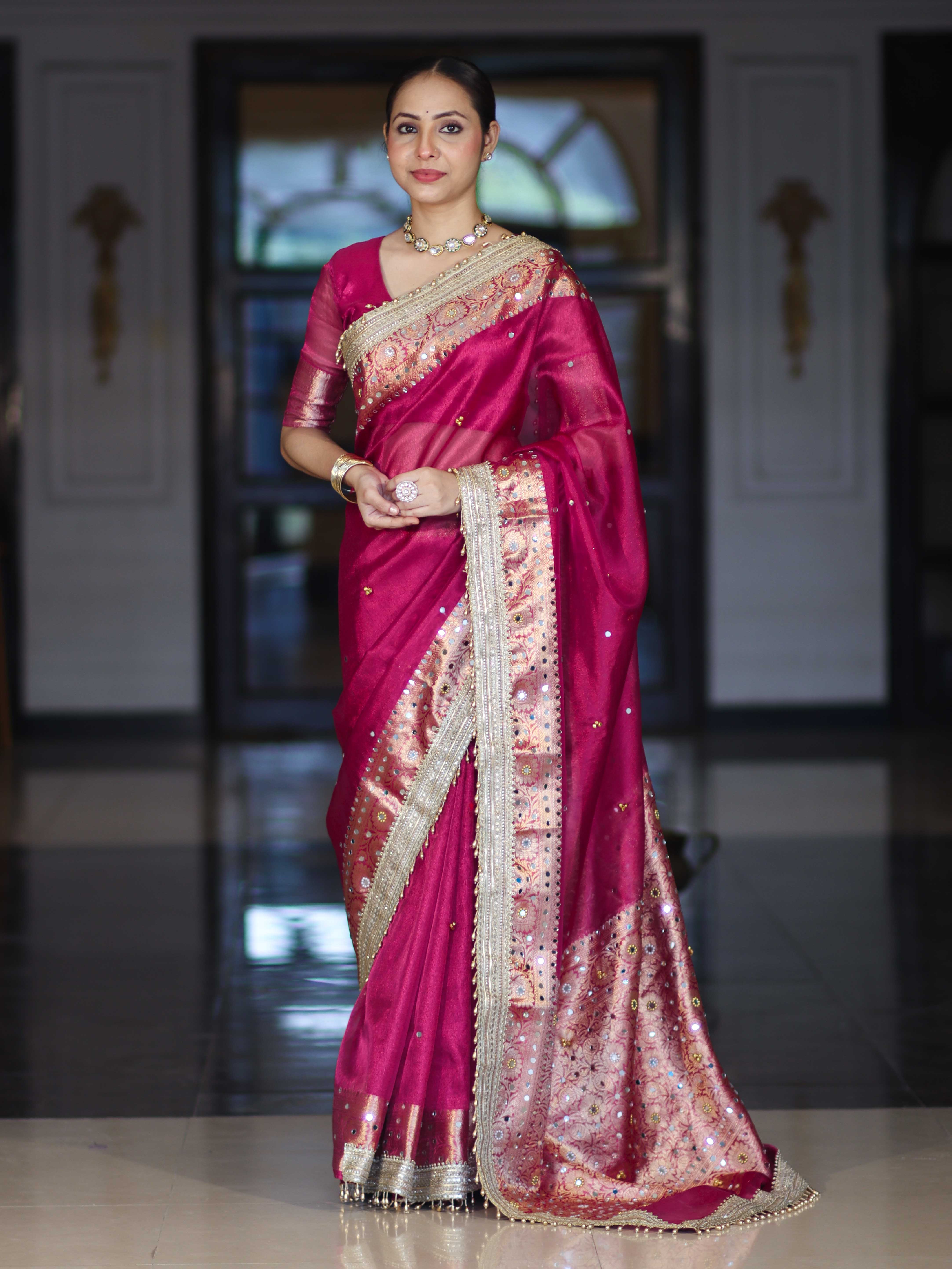 Banarasee Tissue Saree With Hand Embroidered Mirror Work Ghungroo Work & Zari Woven Pallu-Magenta