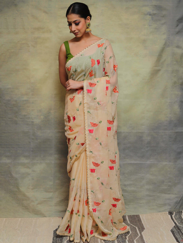 Banarasee Pure Chiffon Saree With Embroidery Work-Cream