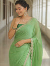 Banarasee Chiffon Bandhani Print Saree & Hand Work With Contrast Blouse-Light Green