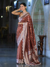 Banarasee Handloom Soft Silk Saree With Zari Buti Design Floral Border & Lace-Brown