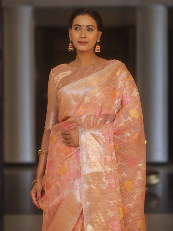 Banarasee Handwoven Kota Check Tissue Saree With Meena Design & Zari Broder-Peach