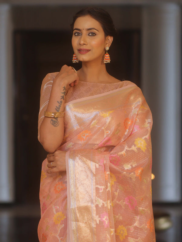 Banarasee Handwoven Kota Check Tissue Saree With Meena Design & Zari Broder-Peach