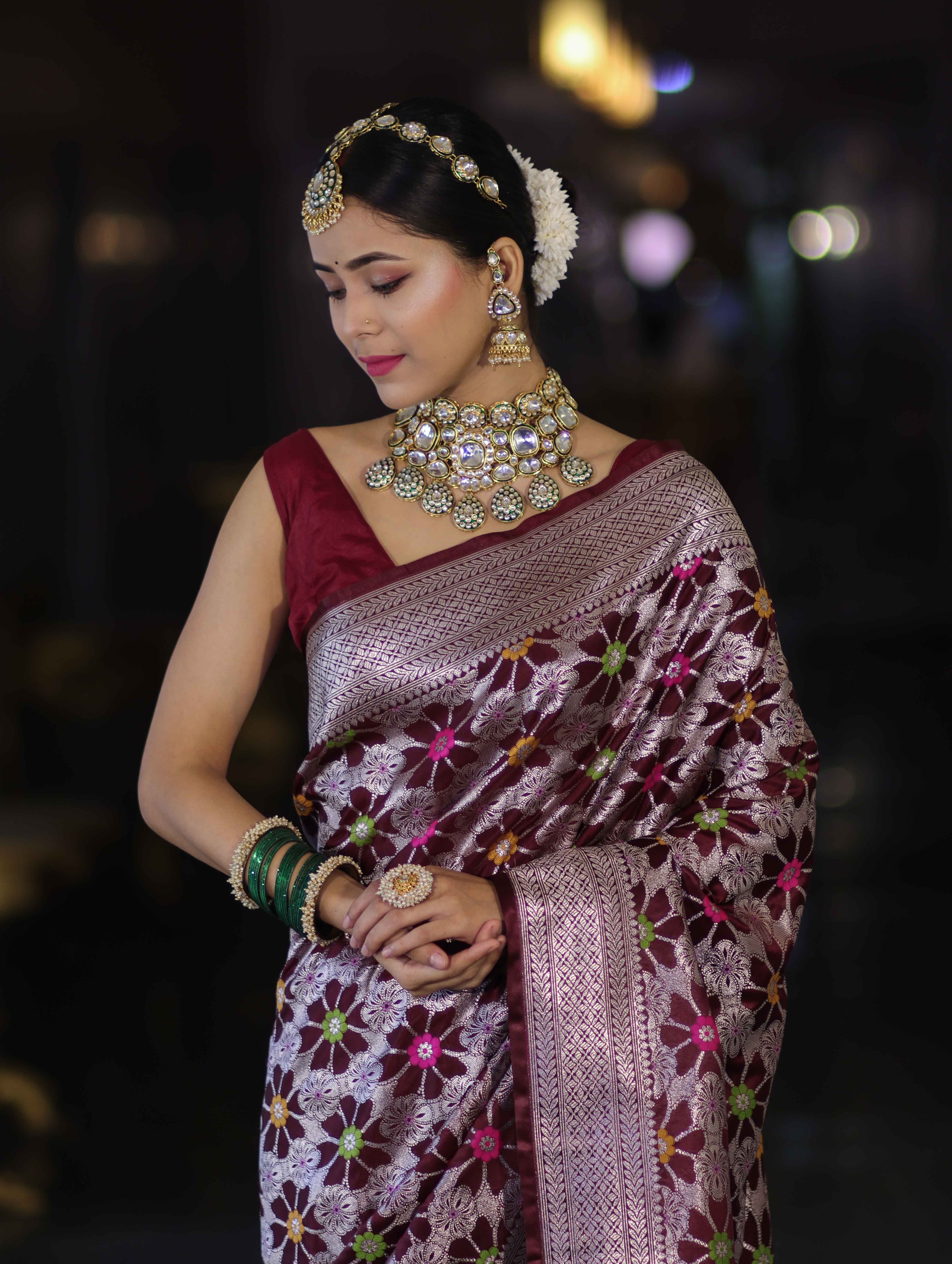 Banarasee Handloom Mashru Silk Saree With Floral Zari Jaal Work & Border-Burgundy