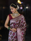 Banarasee Handloom Mashru Silk Saree With Floral Zari Jaal Work & Border-Burgundy