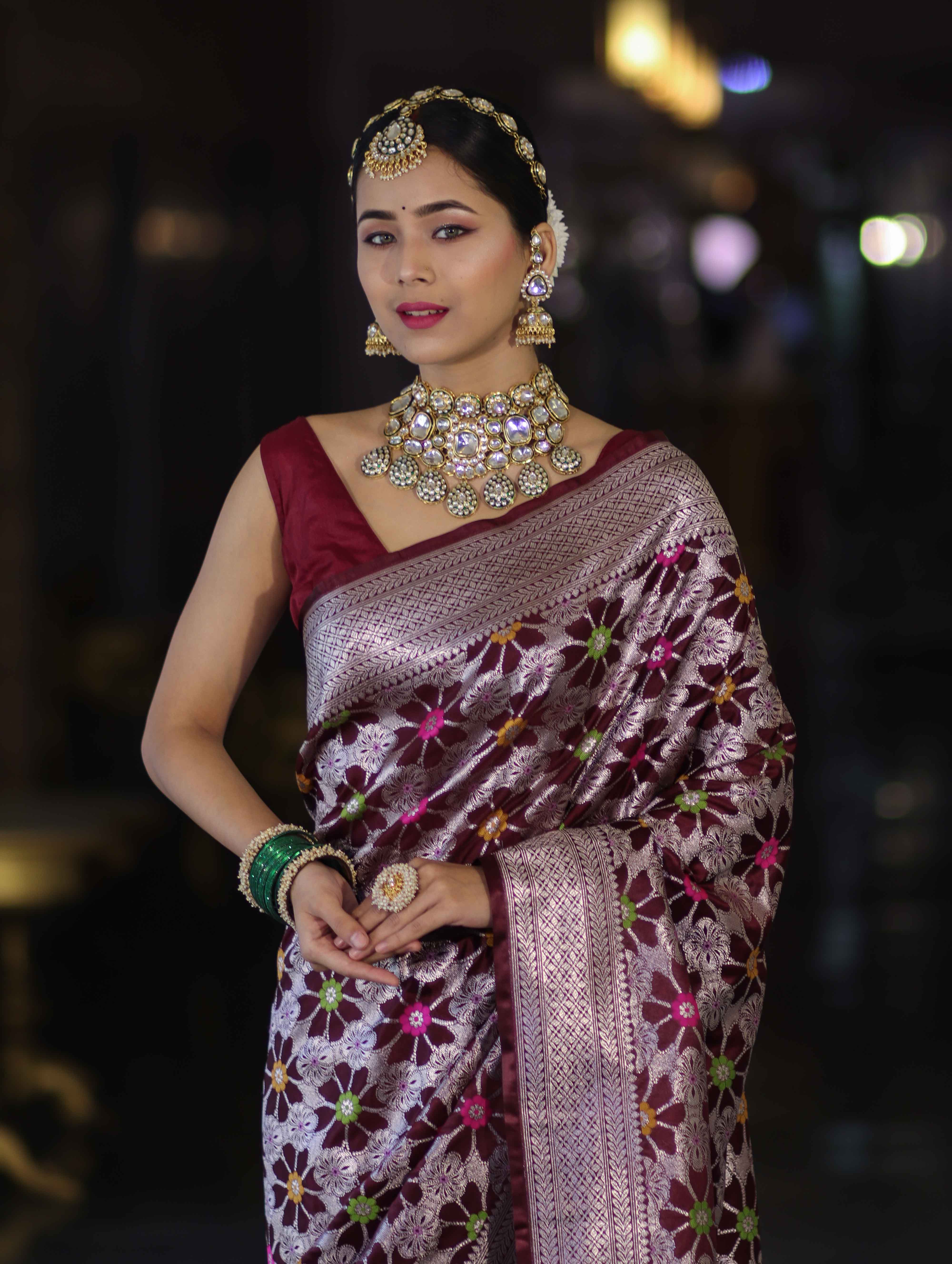 Banarasee Handloom Mashru Silk Saree With Floral Zari Jaal Work & Border-Burgundy
