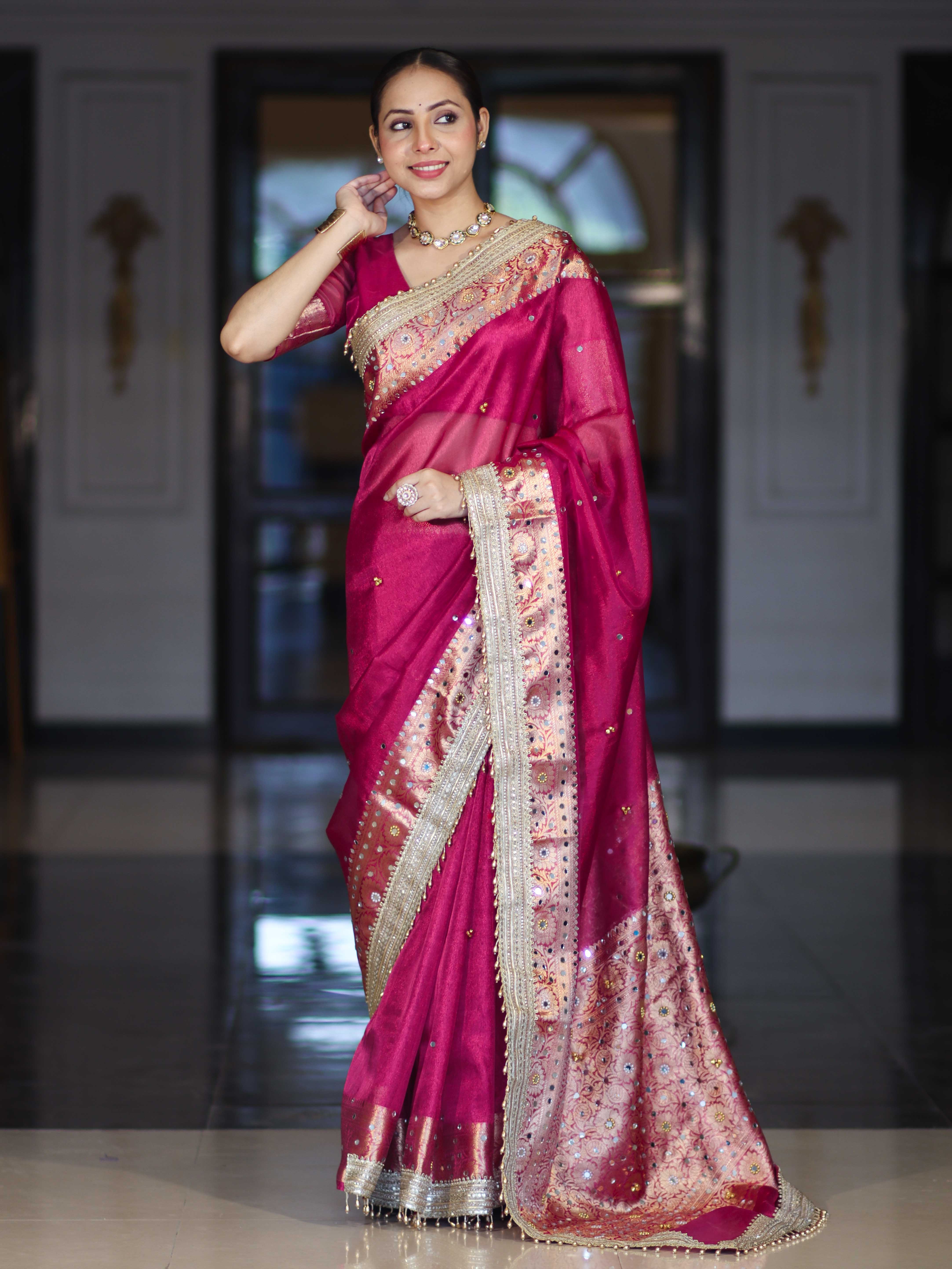 Banarasee Tissue Saree With Hand Embroidered Mirror Work Ghungroo Work & Zari Woven Pallu-Magenta