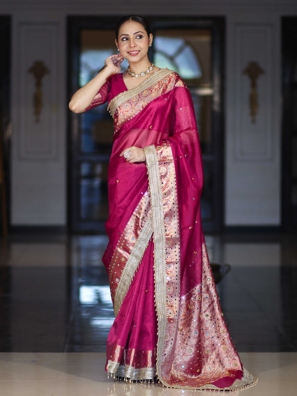 Banarasee Tissue Saree With Hand Embroidered Mirror Work Ghungroo Work & Zari Woven Pallu-Magenta