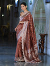 Banarasee Handloom Soft Silk Saree With Zari Buti Design Floral Border & Lace-Brown