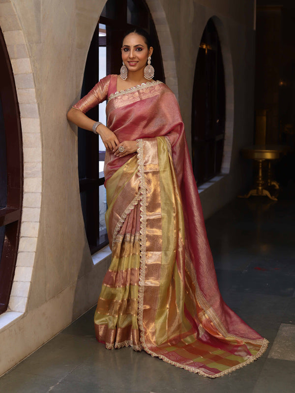 Banarasee Handwoven Crushed Tissue Saree With Zari Border & Lace-Multicolor
