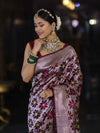 Banarasee Handloom Mashru Silk Saree With Floral Zari Jaal Work & Border-Burgundy