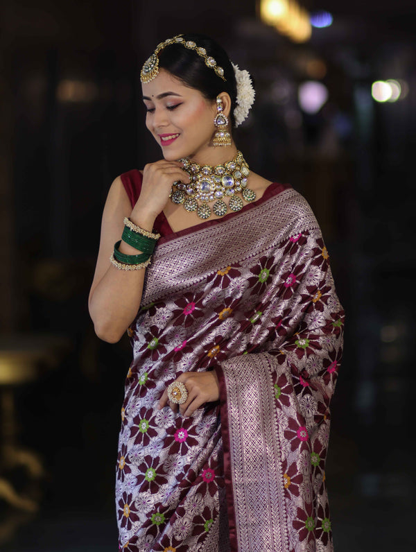 Banarasee Handloom Mashru Silk Saree With Floral Zari Jaal Work & Border-Burgundy