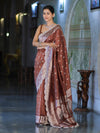 Banarasee Handloom Soft Silk Saree With Zari Buti Design Floral Border & Lace-Brown