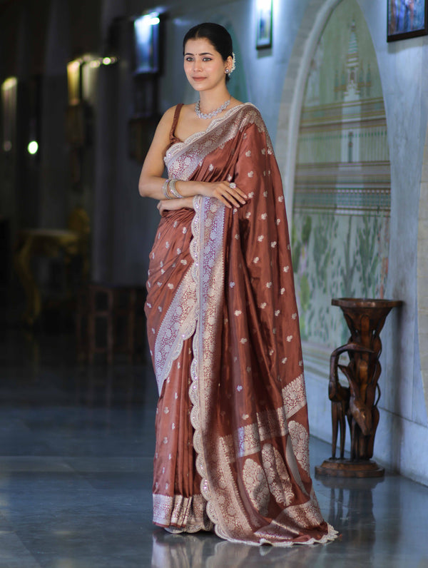 Banarasee Handloom Soft Silk Saree With Zari Buti Design Floral Border & Lace-Brown