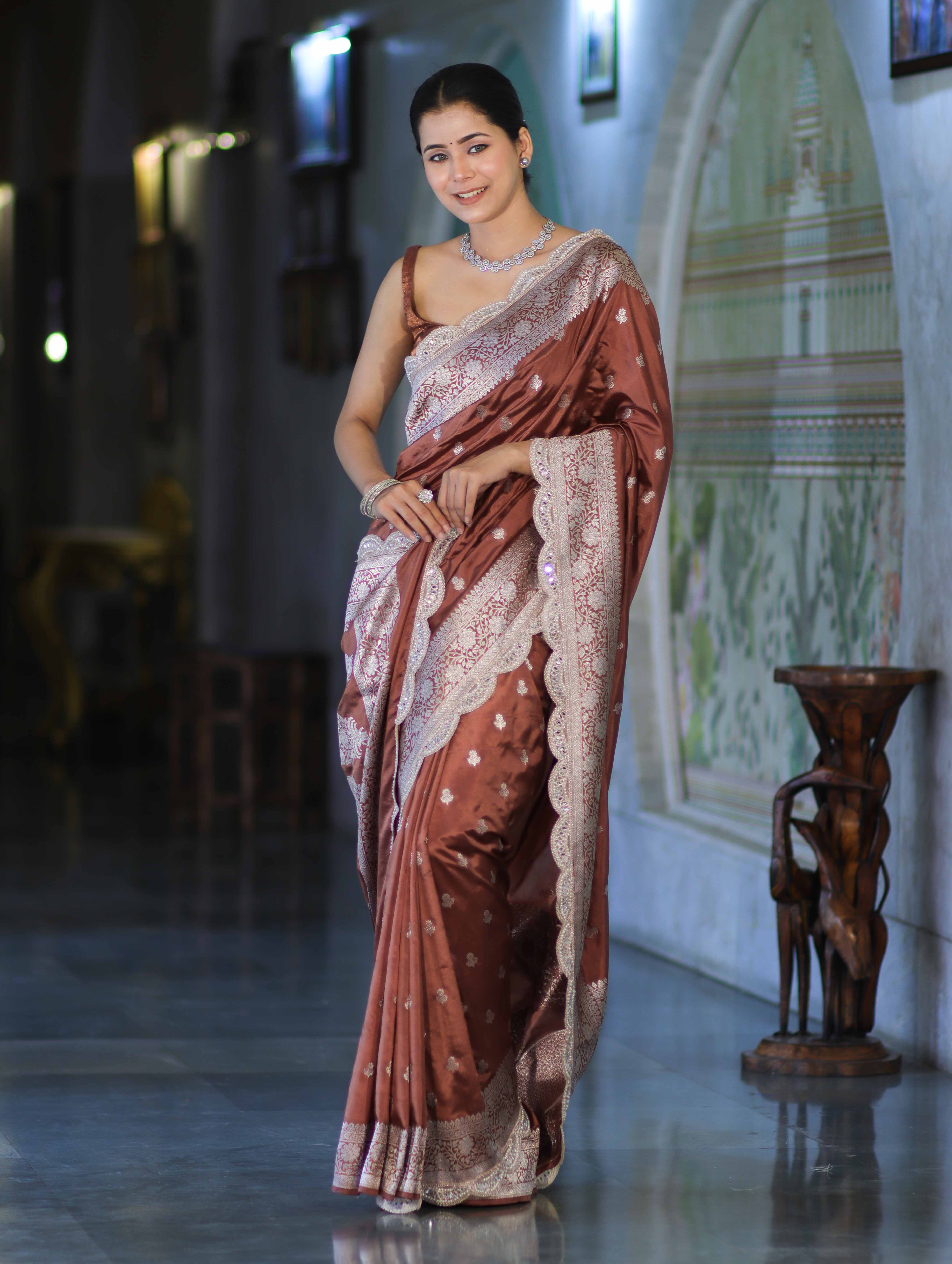 Banarasee Handloom Soft Silk Saree With Zari Buti Design Floral Border & Lace-Brown
