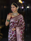 Banarasee Handloom Mashru Silk Saree With Floral Zari Jaal Work & Border-Burgundy