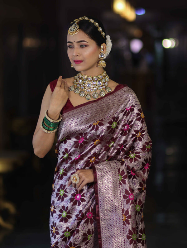 Banarasee Handloom Mashru Silk Saree With Floral Zari Jaal Work & Border-Burgundy