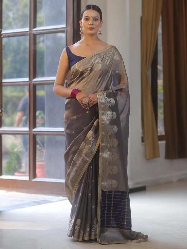 Banarasee Handwoven Soft Tissue Saree Zari Border With Lace-Deep Blue