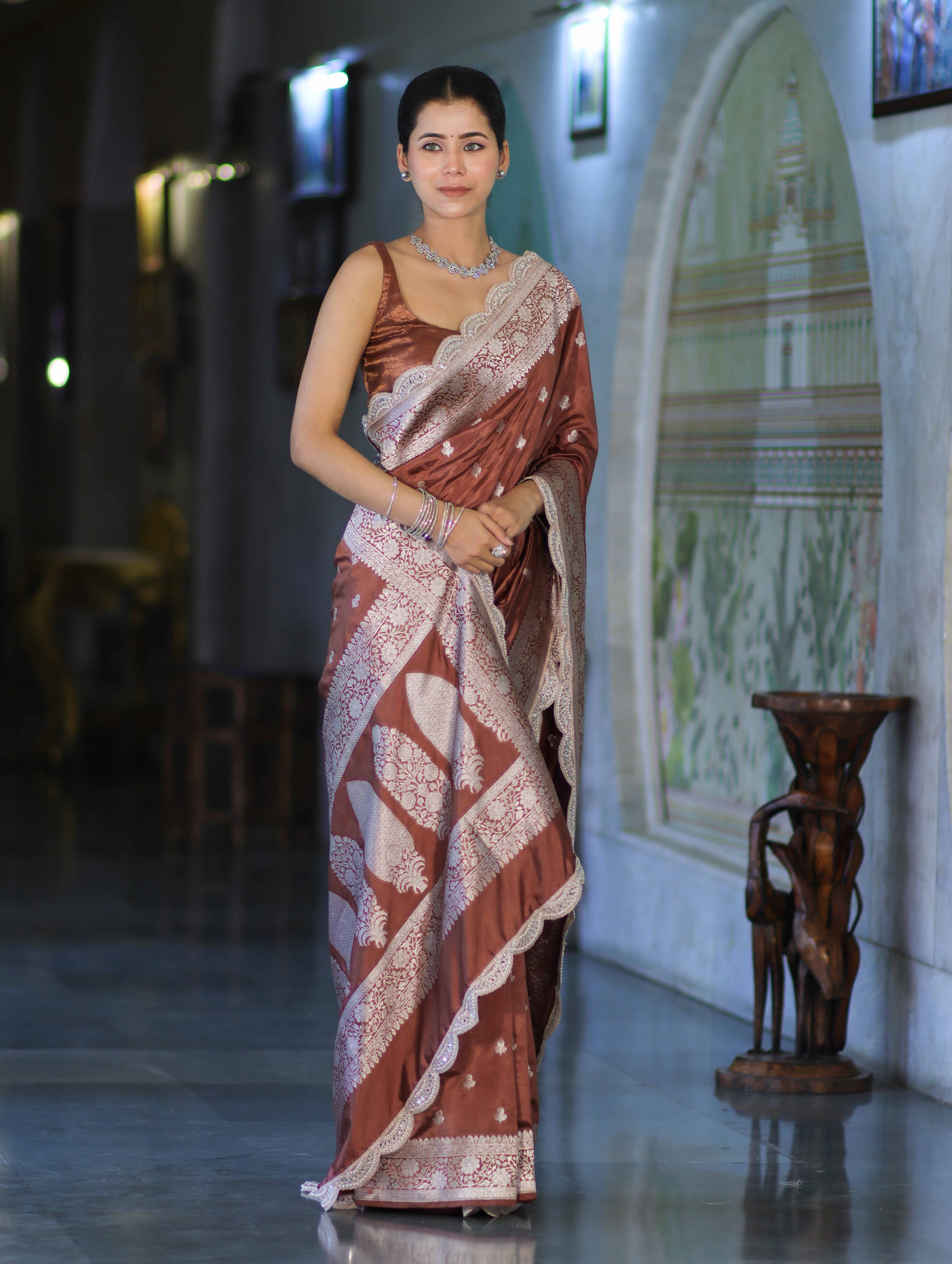 Banarasee Handloom Soft Silk Saree With Zari Buti Design Floral Border & Lace-Brown