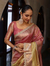 Banarasee Handwoven Crushed Tissue Saree With Zari Border & Lace-Multicolor
