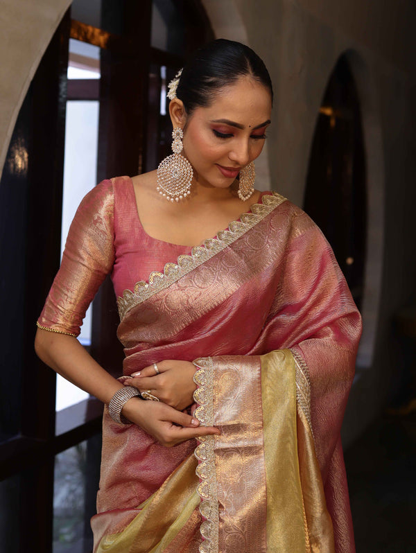 Banarasee Handwoven Crushed Tissue Saree With Zari Border & Lace-Multicolor
