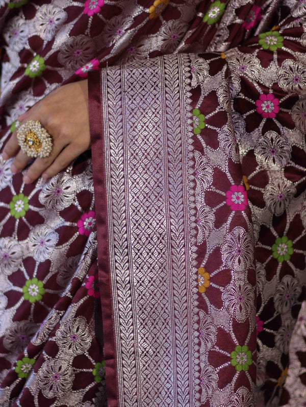 Banarasee Handloom Mashru Silk Saree With Floral Zari Jaal Work & Border-Burgundy