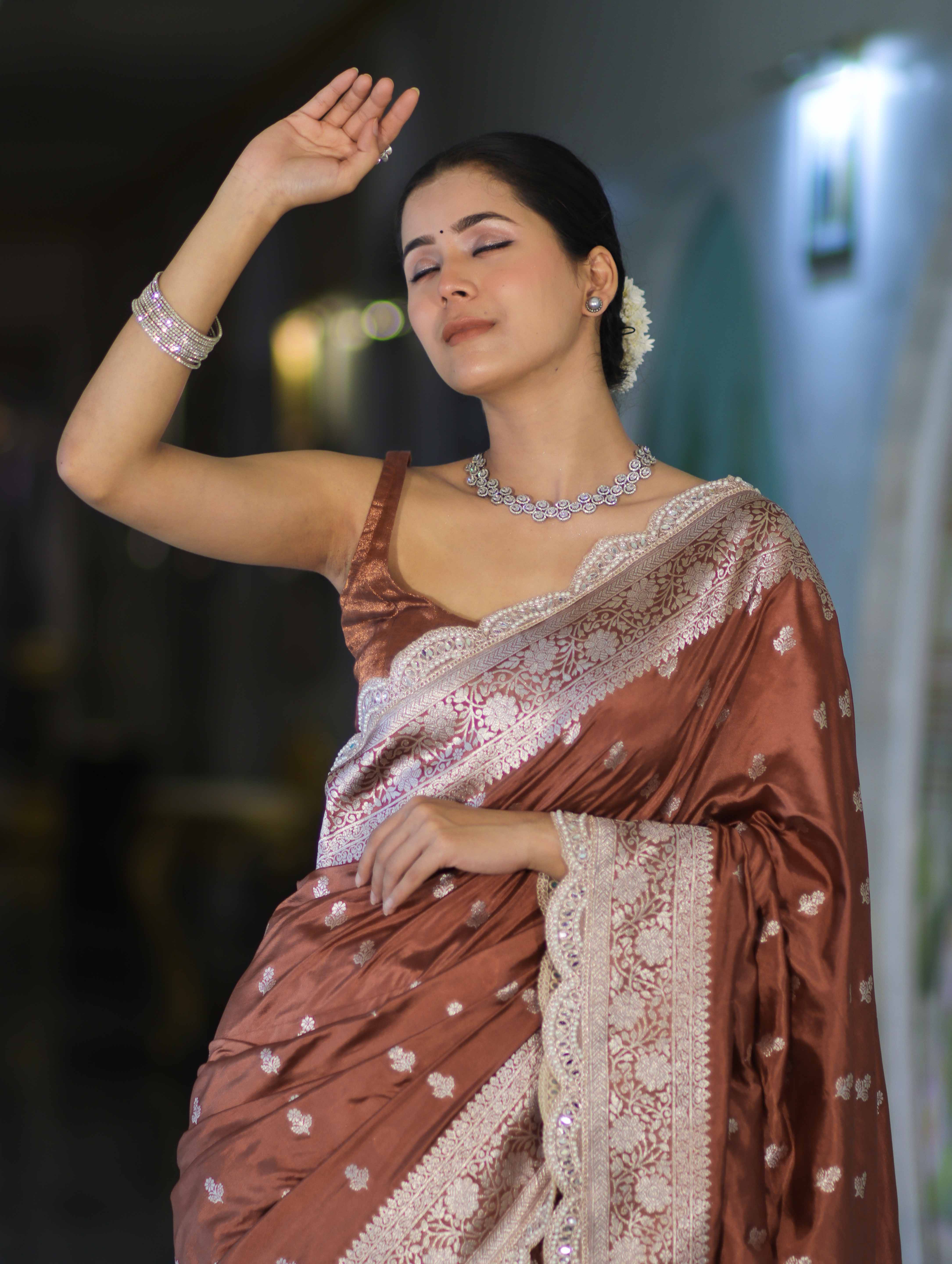 Banarasee Handloom Soft Silk Saree With Zari Buti Design Floral Border & Lace-Brown