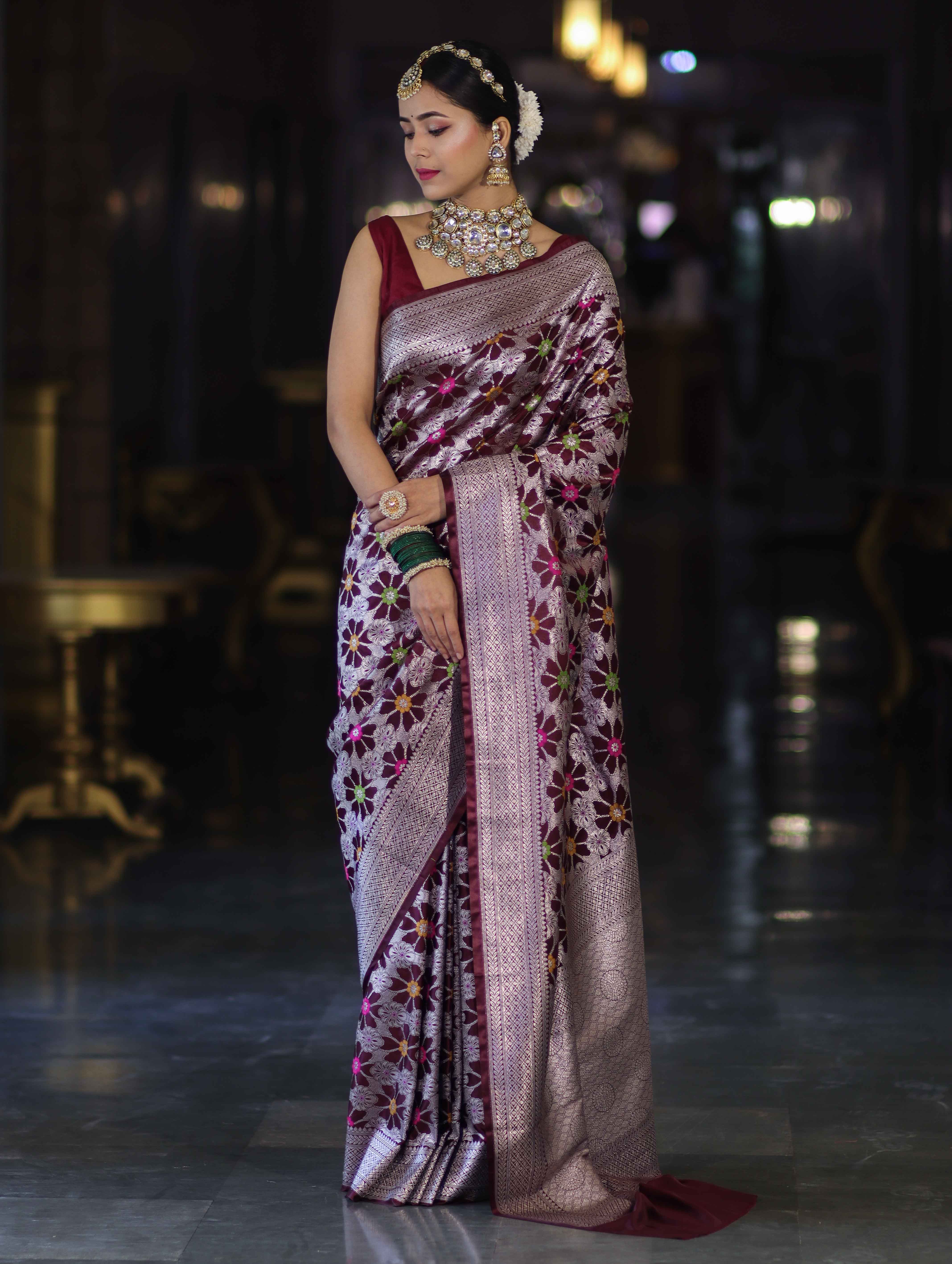 Banarasee Handloom Mashru Silk Saree With Floral Zari Jaal Work & Border-Burgundy