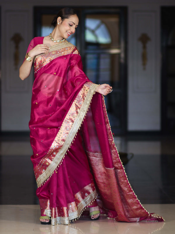 Banarasee Tissue Saree With Hand Embroidered Mirror Work Ghungroo Work & Zari Woven Pallu-Magenta