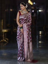 Banarasee Handloom Mashru Silk Saree With Floral Zari Jaal Work & Border-Burgundy