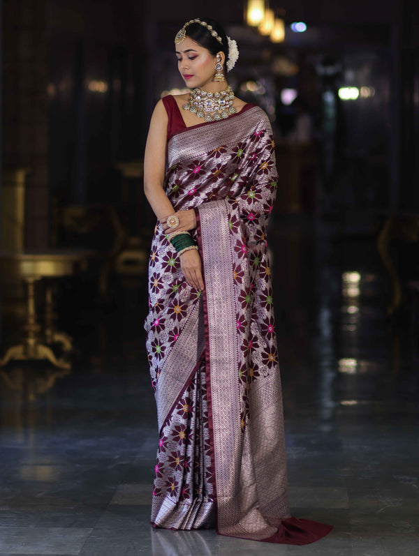 Banarasee Handloom Mashru Silk Saree With Floral Zari Jaal Work & Border-Burgundy