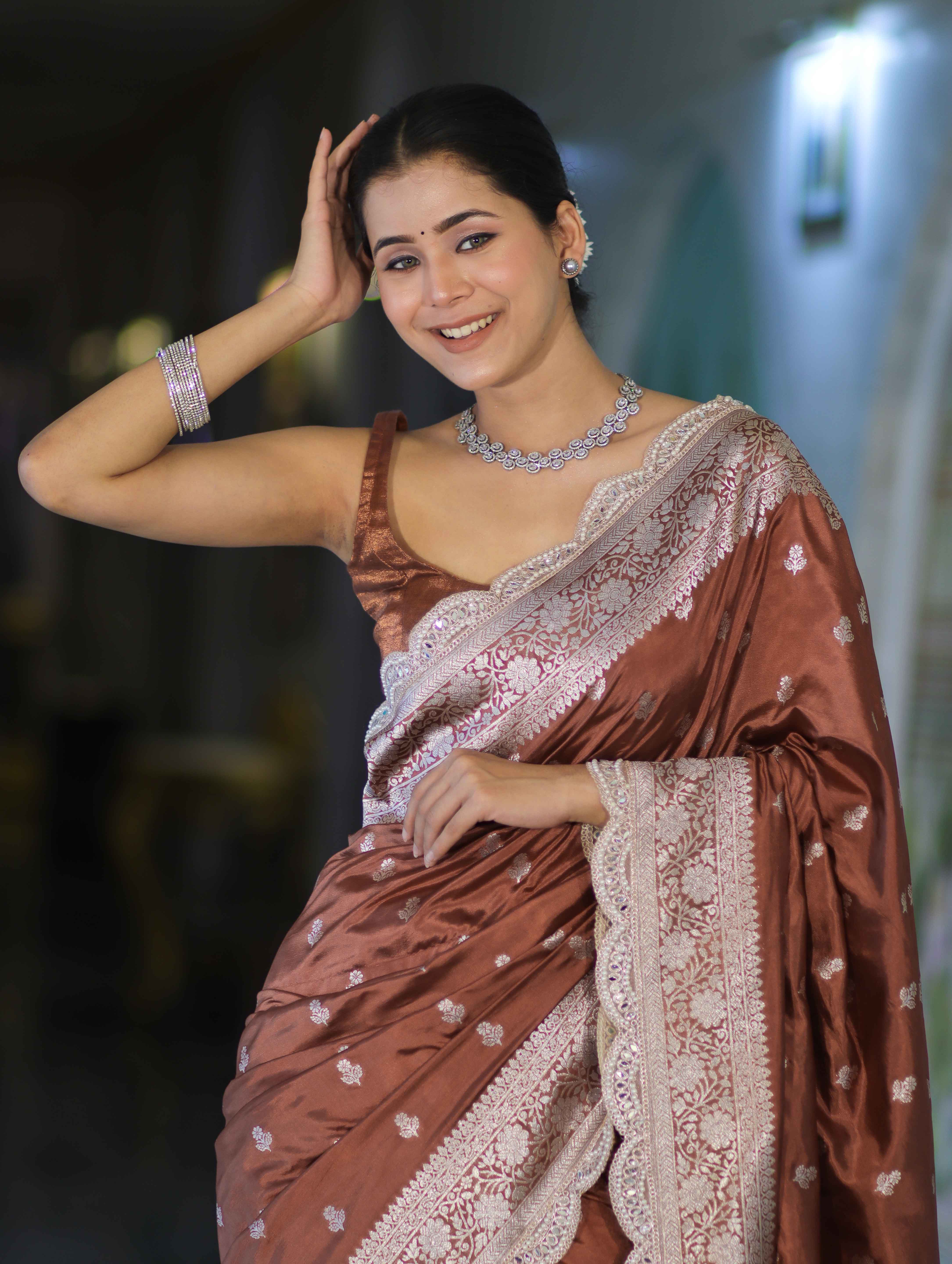 Banarasee Handloom Soft Silk Saree With Zari Buti Design Floral Border & Lace-Brown