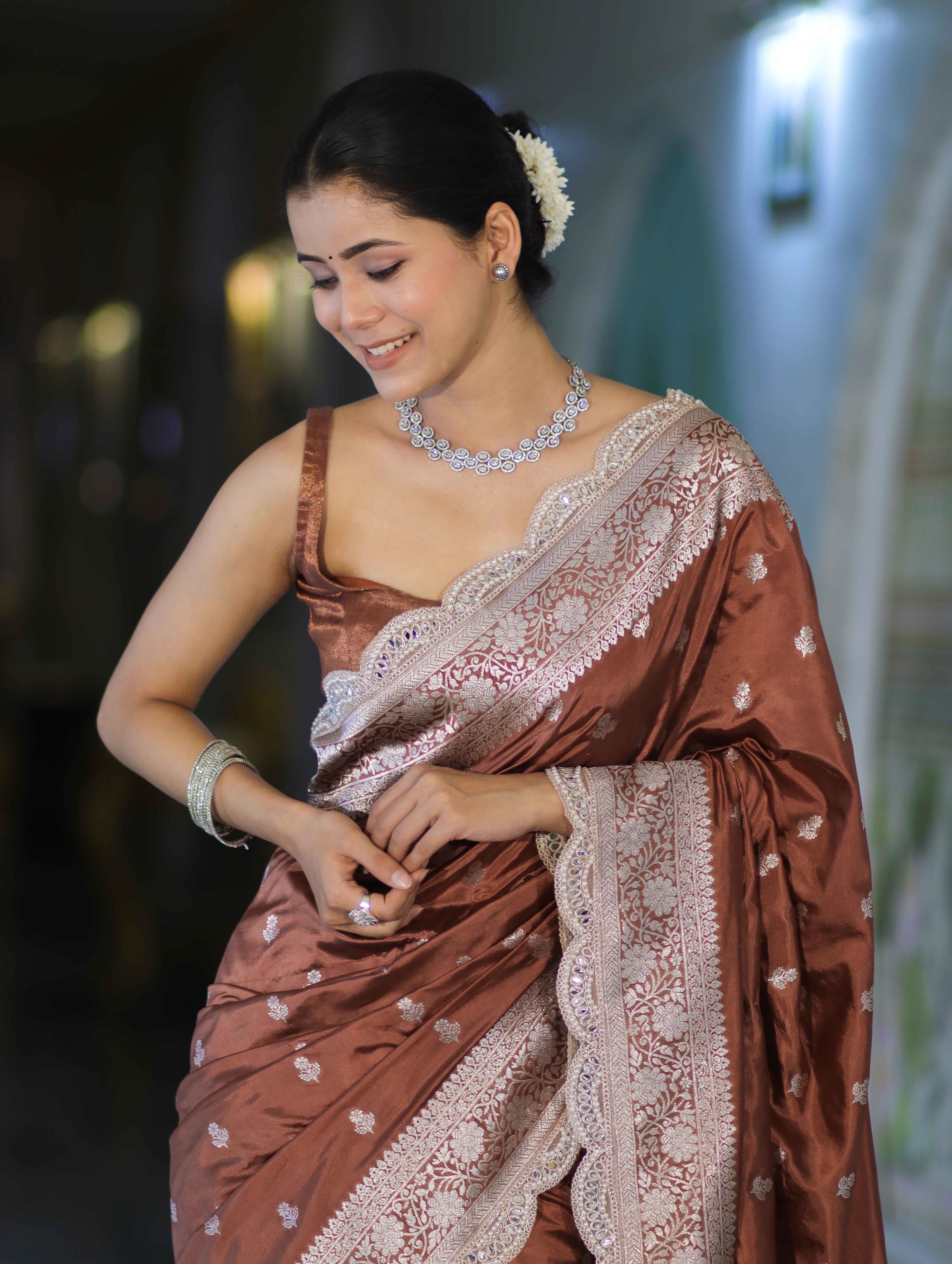 Banarasee Handloom Soft Silk Saree With Zari Buti Design Floral Border & Lace-Brown