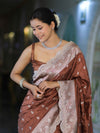 Banarasee Handloom Soft Silk Saree With Zari Buti Design Floral Border & Lace-Brown