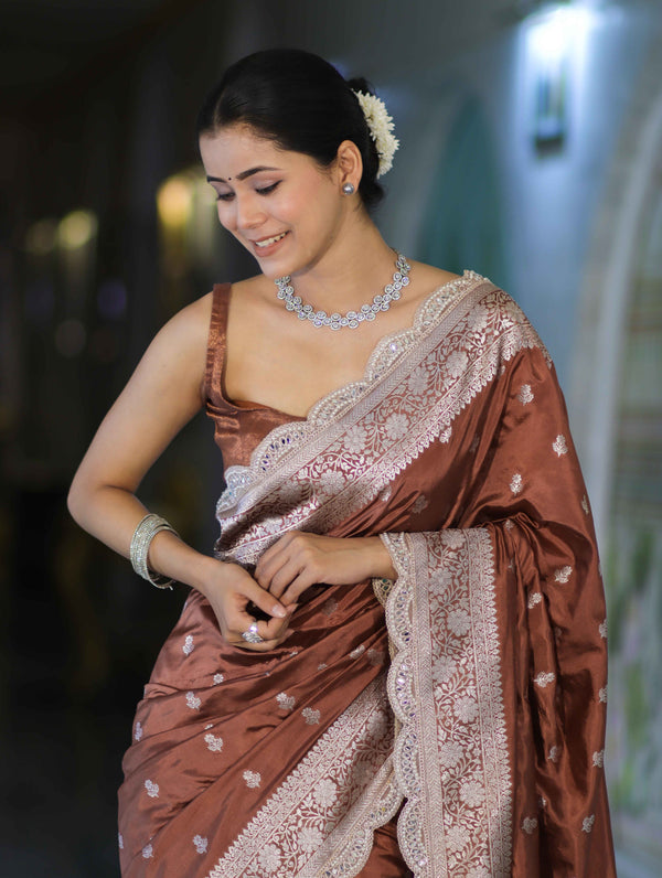 Banarasee Handloom Soft Silk Saree With Zari Buti Design Floral Border & Lace-Brown
